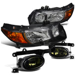 For 06-08 CIVIC COUPE 2DR BLACK HEADLIGHTS HEAD LAMPS+SMOKE FOG LIGHTS LAMP