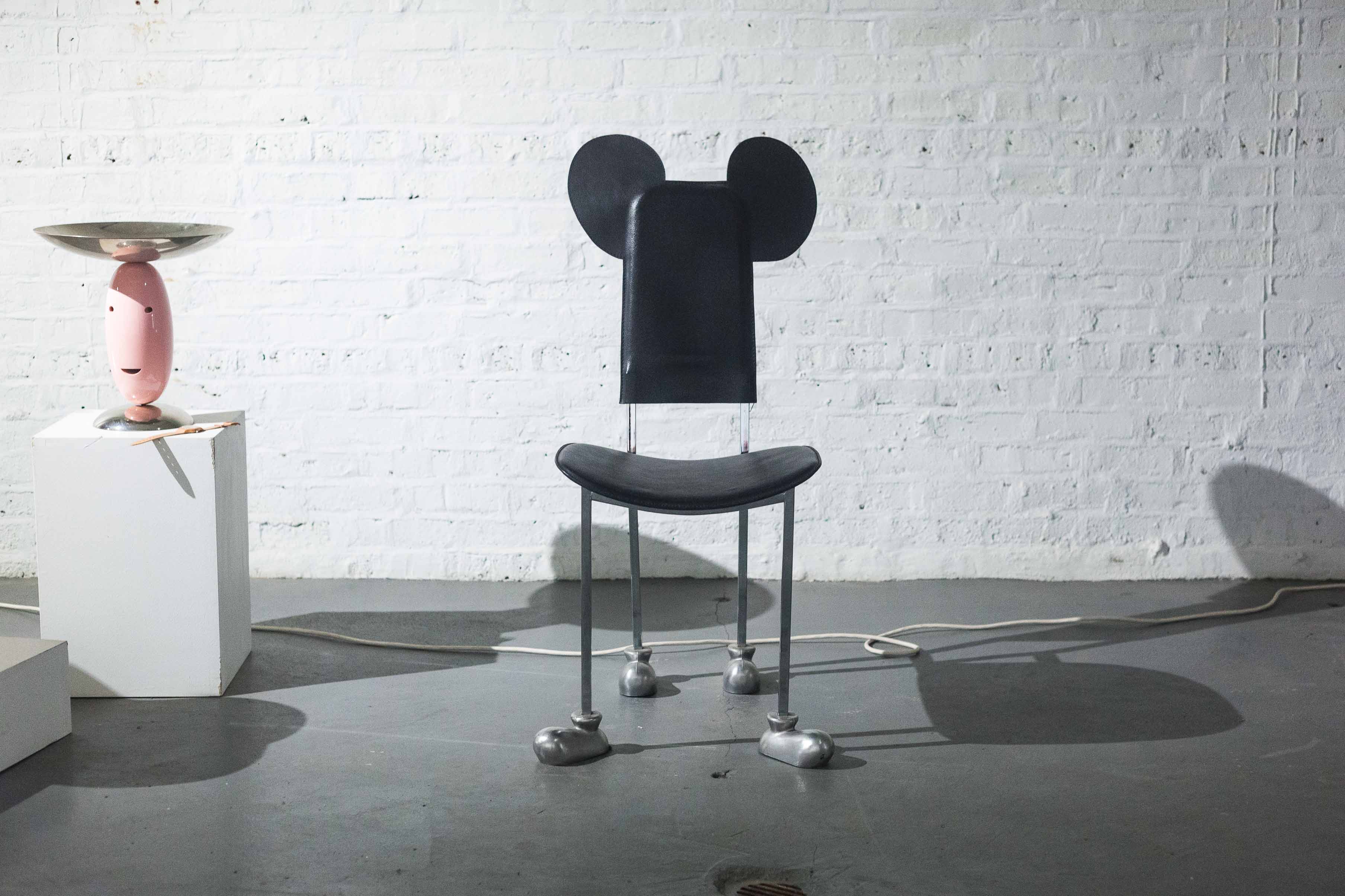 JAVIER MARISCAL, GARRIRIS CHAIR FOR AKABA, BLACK LEATHER & ALUMINUM SHOES, 1987 SPAIN