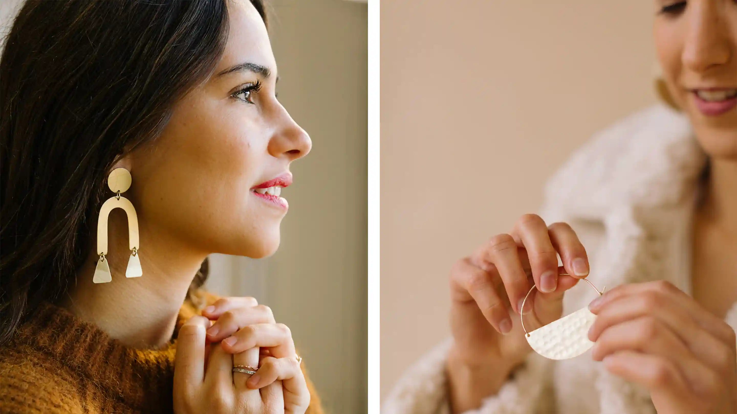 Two models. The one on the left is wearing brass earrings. The one on the right holding brass earrings in her hand