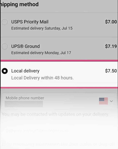 A shipping method screen with "Local Delivery for $7.50" selected