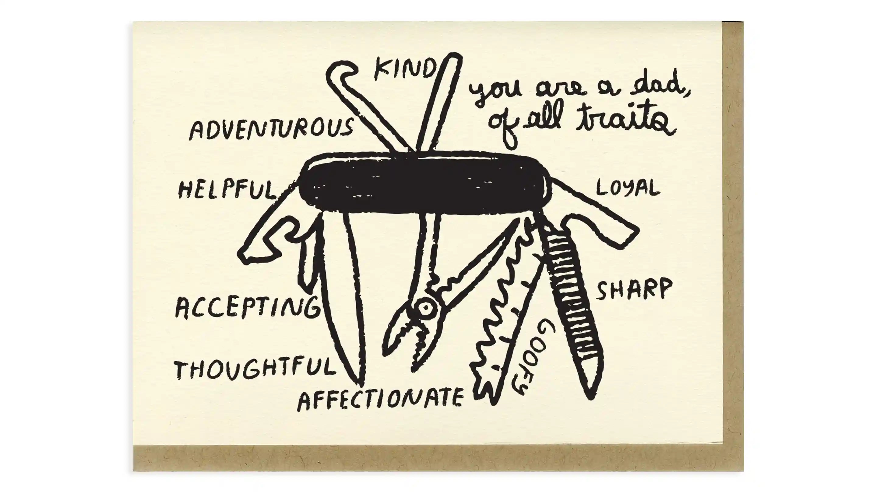 A greeting card with an illustration of a swiss army knife with various words written on it