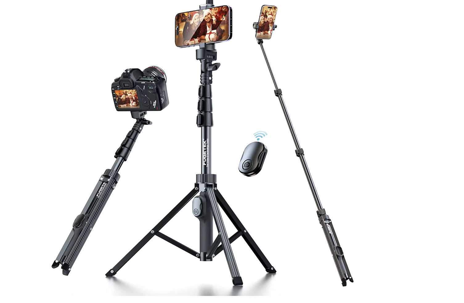 Selfie sticks with a camera and a phone and a tripod with camera