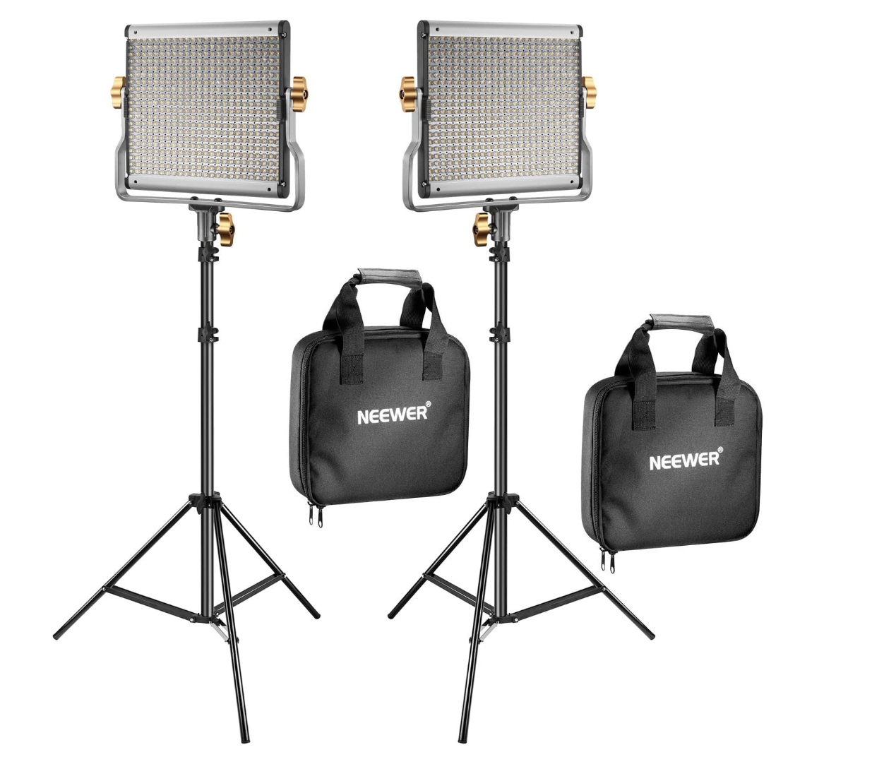 LED photography lights on tripods with carrying bags