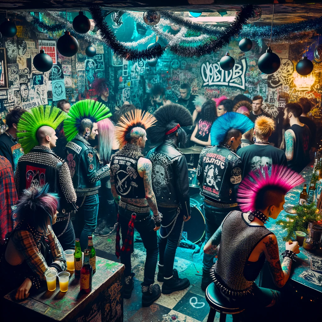 A photo portraying a punk rock Christmas celebration in an underground club setting