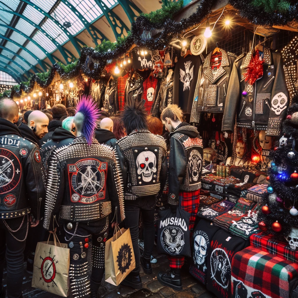 A punk rock Christmas shopping scene set in a vibrant street market