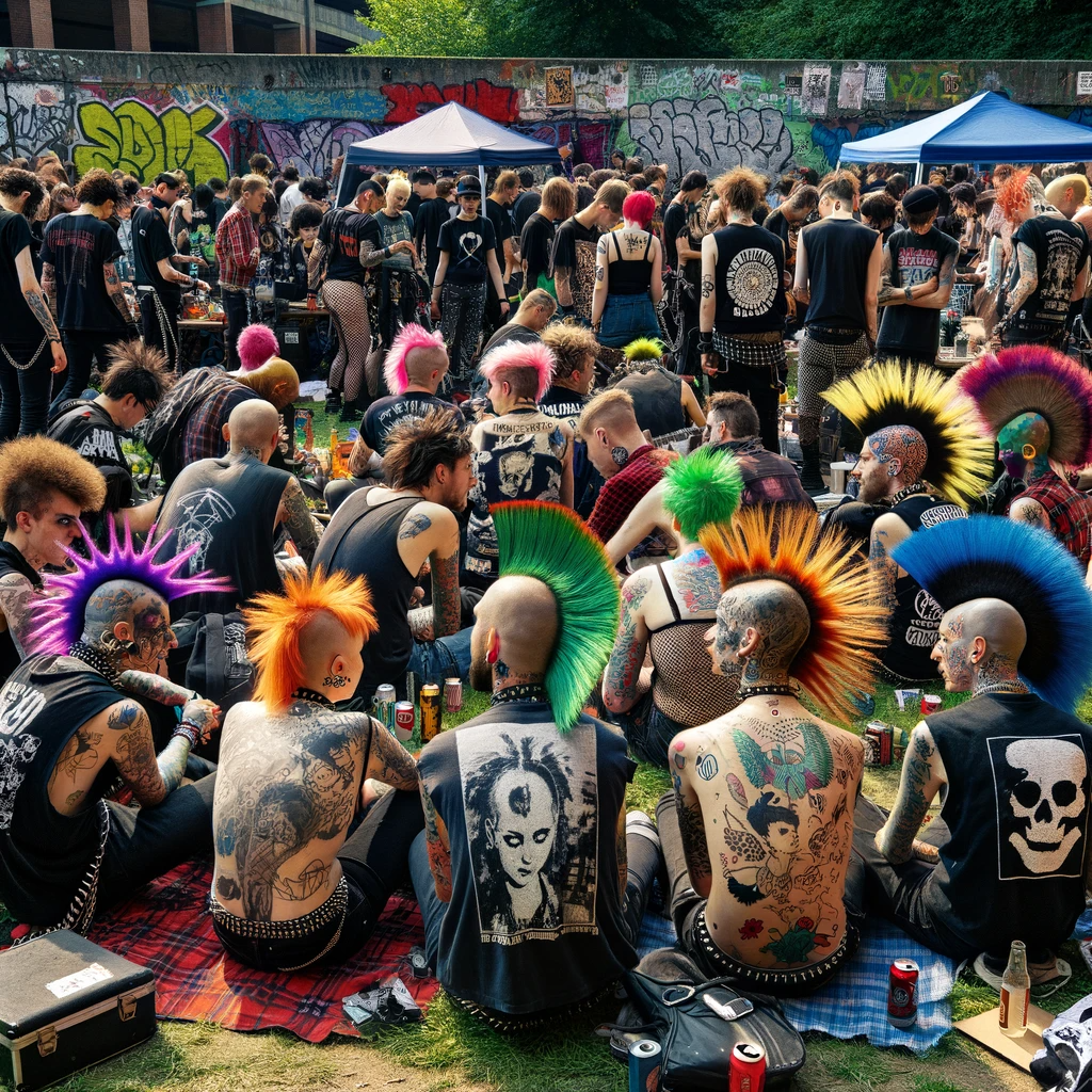 A photo capturing a punk rock community gathering in an urban setting