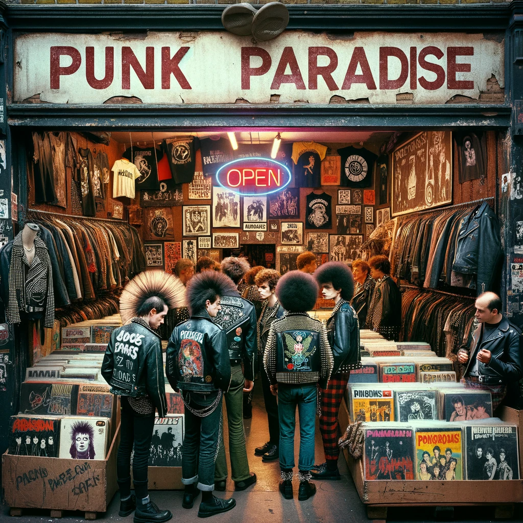 A vintage punk rock store reminiscent of the 1980s