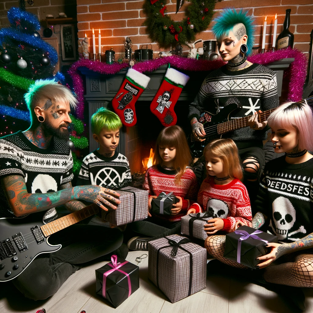 A photo of an alternative punk rock family celebrating Christmas