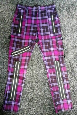 Purple Tartan Punk bondage Trousers - Phaze Clothing Size 32-zips,straps