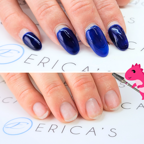 Before and after of soft gel tip manicure with T-Rex carbide nail bit