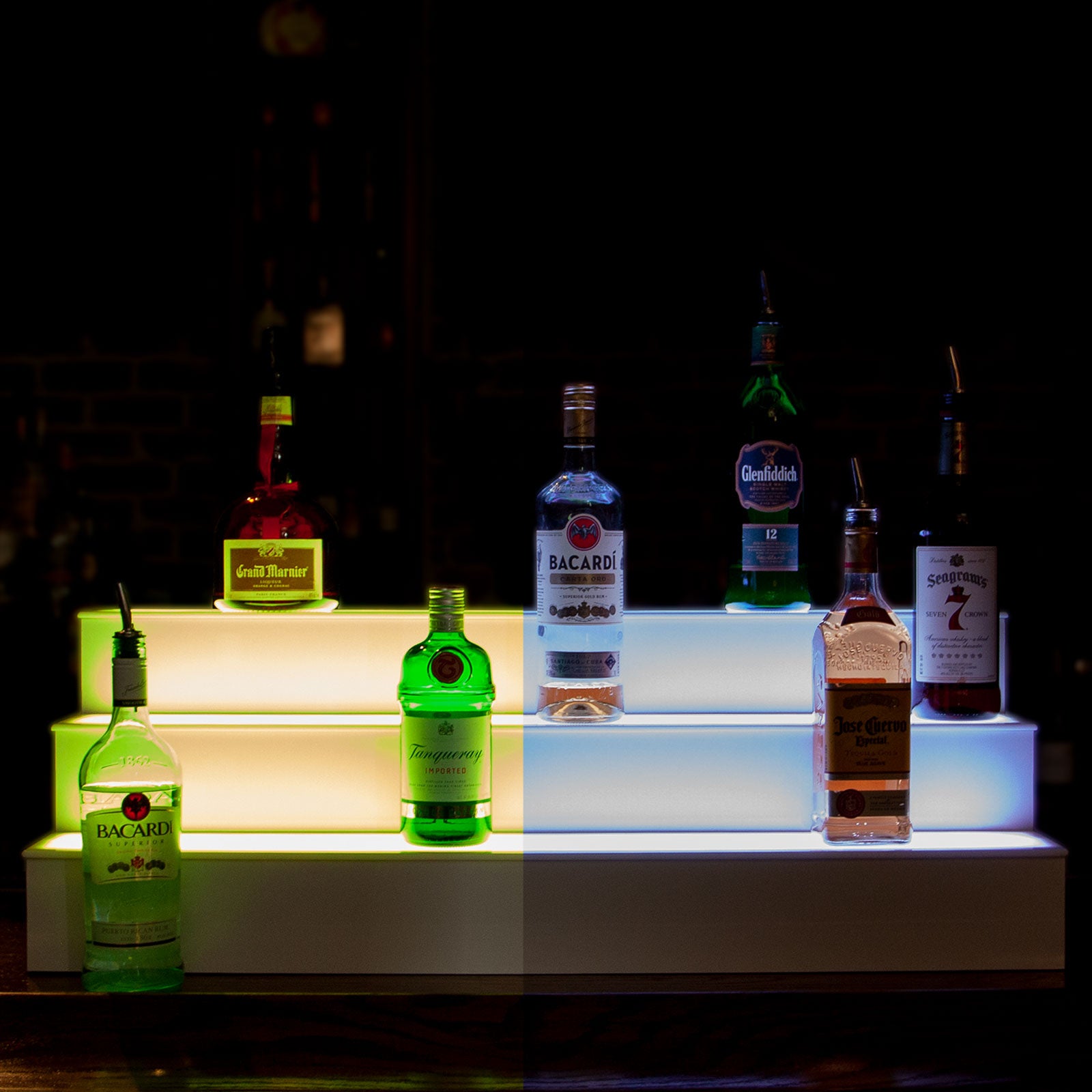 BarConic® LED Liquor Bottle Display Shelf - 3 Tier (Step) - White - Multi-Colored Lights - Several Lengths