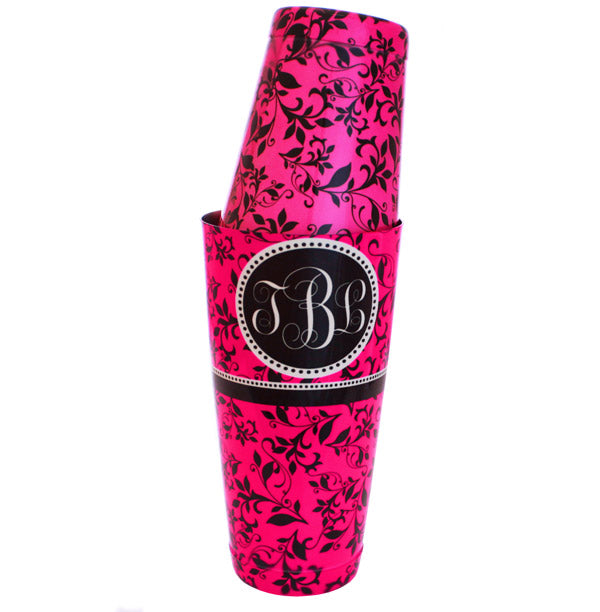 ADD YOUR NAME - Cocktail Shaker Tin - 28 oz weighted - Pink Swirls Monogram