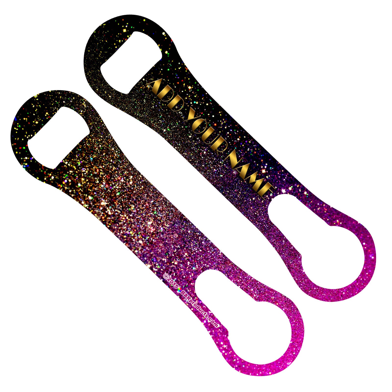 ADD YOUR NAME V-ROD® BOTTLE OPENER – PINK BLACK GLITTER