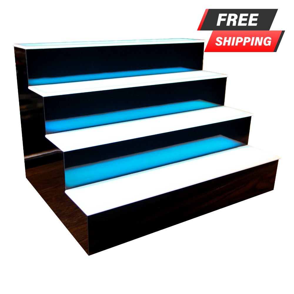 BarConic® LED Liquor Bottle Display Shelf - 4 Tier (Step) - Black - Multi-Colored Lights - Several Lengths