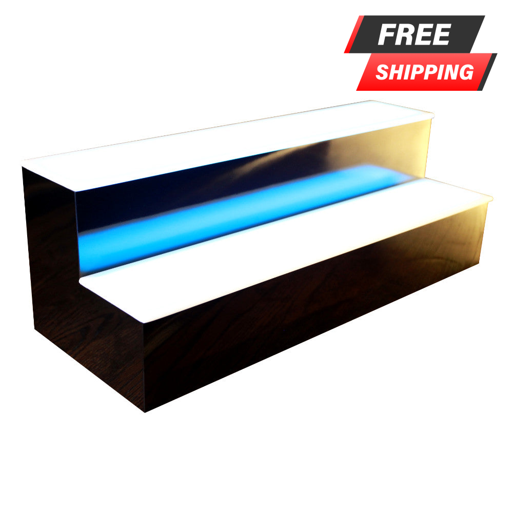 BarConic® LED Liquor Bottle Display Shelf - 2 Tier (Step) - Black - Multi-Colored Lights - Several Lengths