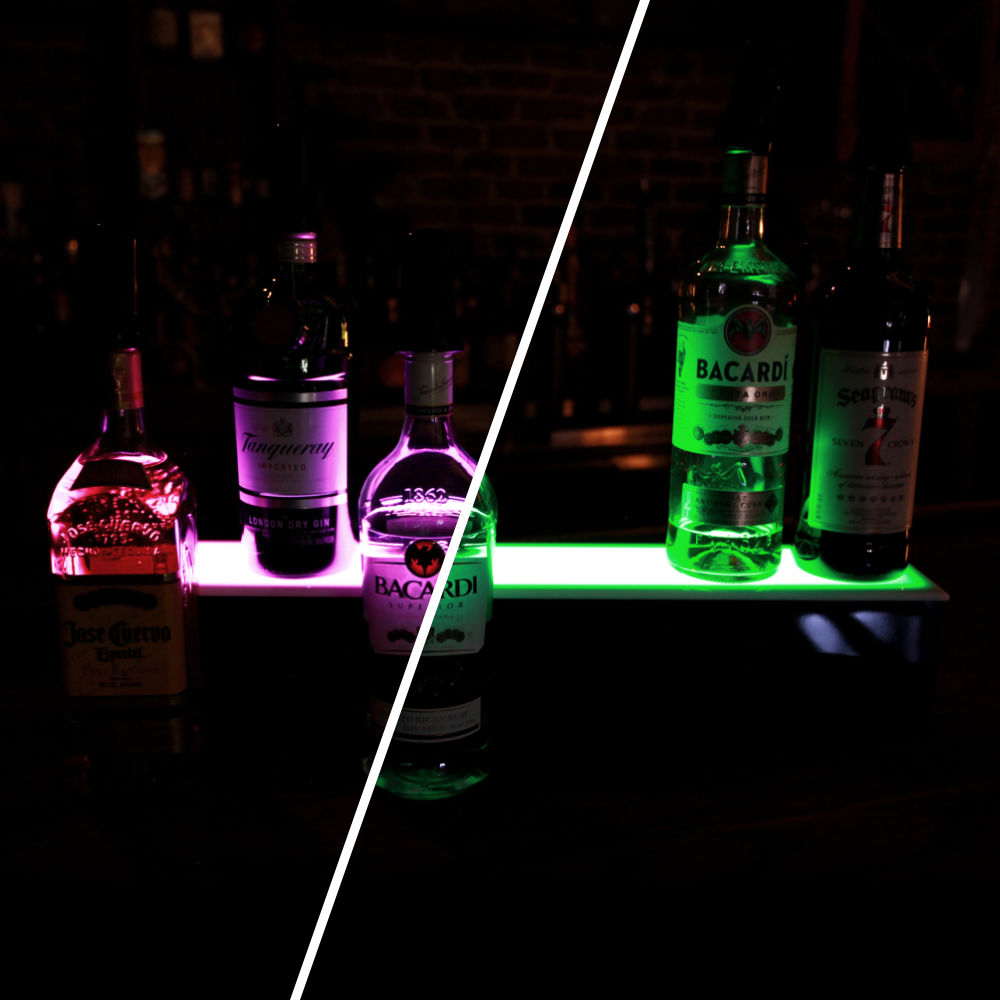 BarConic® LED Liquor Bottle Display Shelf - 1 Tier (Step) - Black - Multi-Colored Lights - Several Lengths