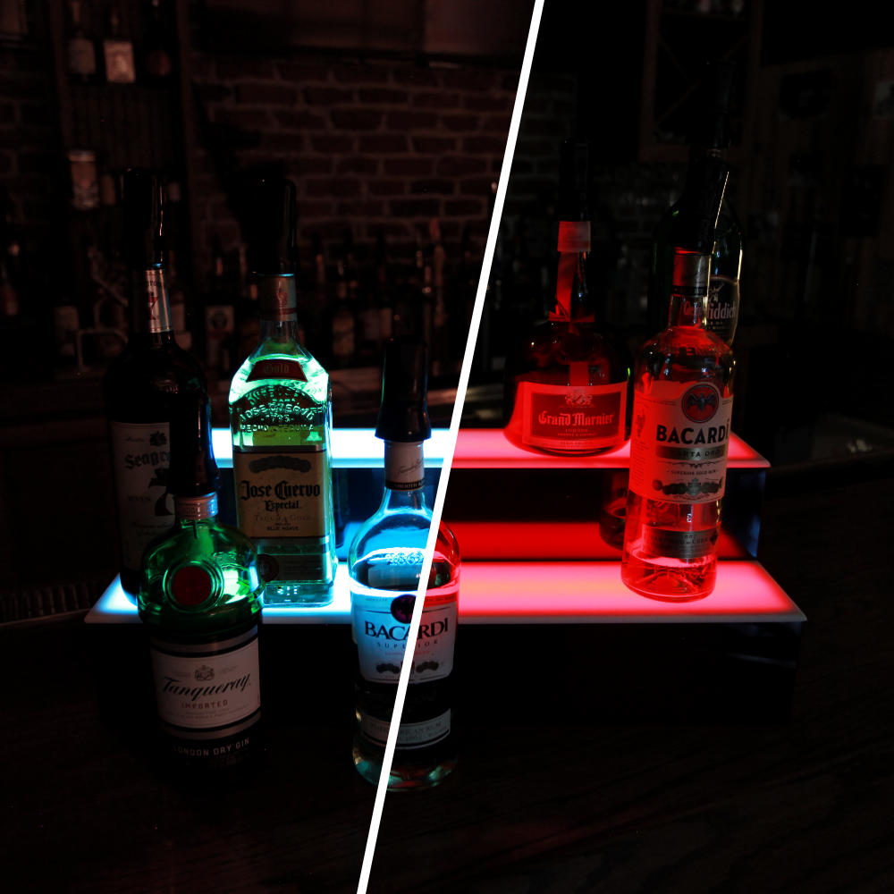 BarConic® LED Liquor Bottle Display Shelf - 2 Tier (Step) - Black - Multi-Colored Lights - Several Lengths