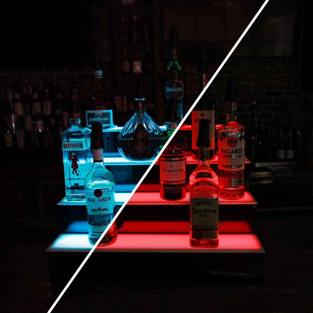 BarConic® LED Liquor Bottle Display Shelf - 4 Tier (Step) - Black - Multi-Colored Lights - Several Lengths