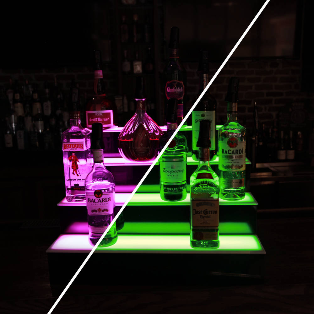 BarConic® LED Liquor Bottle Display Shelf - 4 Tier (Step) - Black - Multi-Colored Lights - Several Lengths