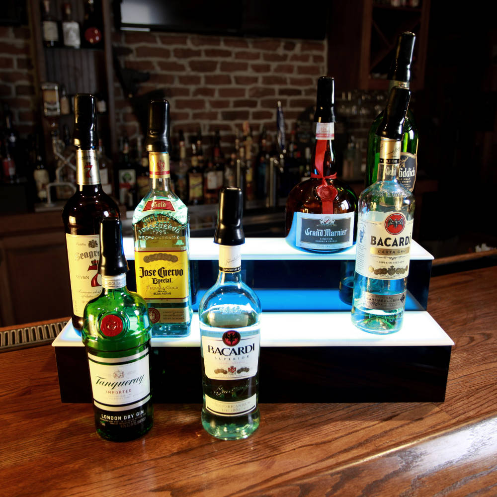 BarConic® LED Liquor Bottle Display Shelf - 2 Tier (Step) - Black - Multi-Colored Lights - Several Lengths