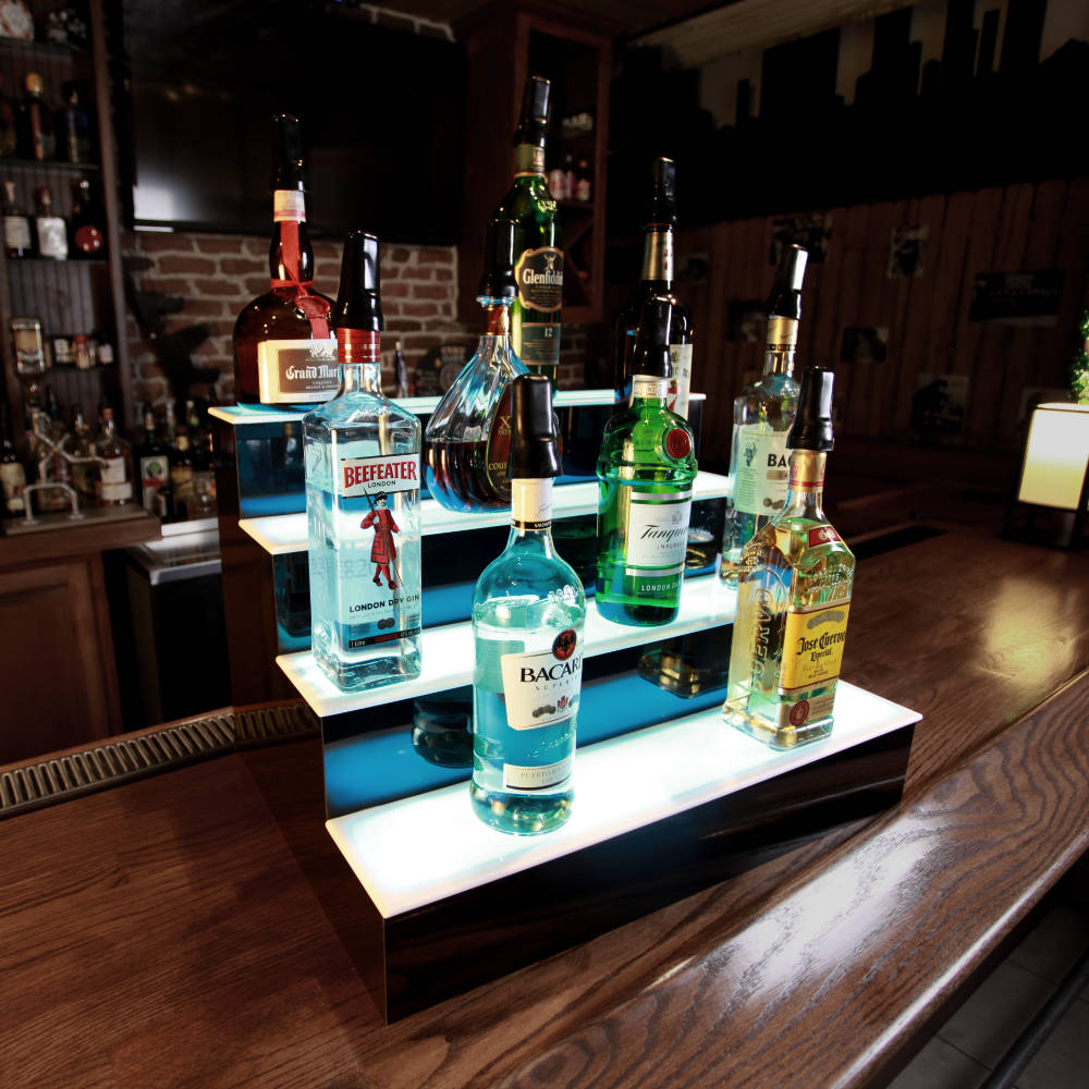 BarConic® LED Liquor Bottle Display Shelf - 4 Tier (Step) - Black - Multi-Colored Lights - Several Lengths