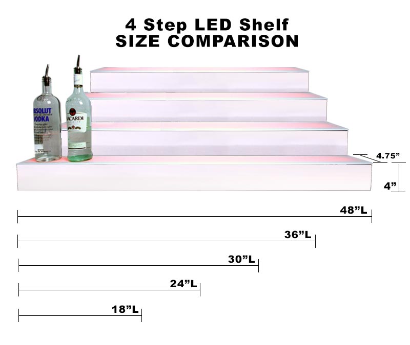 BarConic® LED Liquor Bottle Display Shelf - 4 Steps - Polished Mirrored Metal - Several Lengths