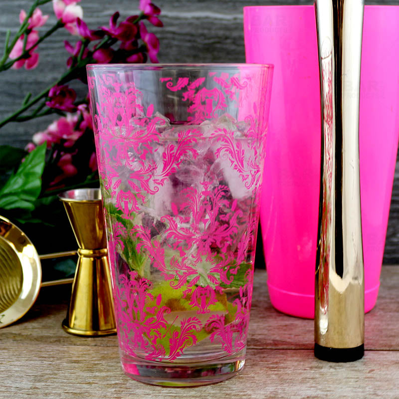 BarConic® Glassware - Mixing Glass - Pink Cocktail Themed Damask - 16 ounce