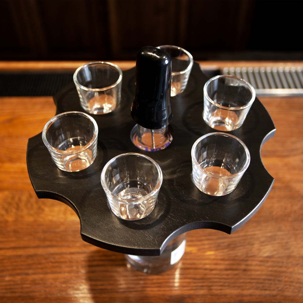 6-Shooter Wood Shot Glass Caddy Tray and Bottle Topper - Black or Stained