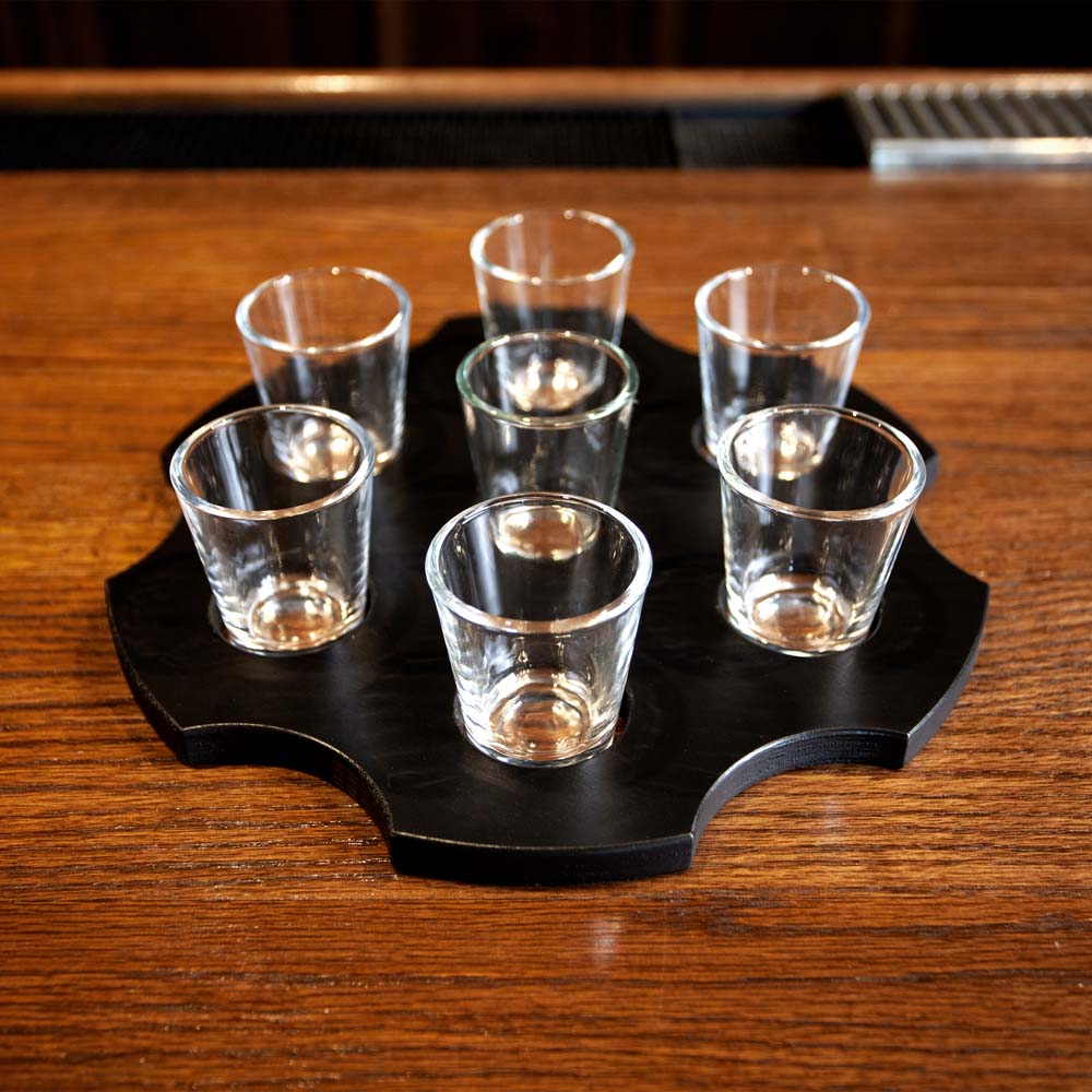 6-Shooter Wood Shot Glass Caddy Tray and Bottle Topper - Black or Stained