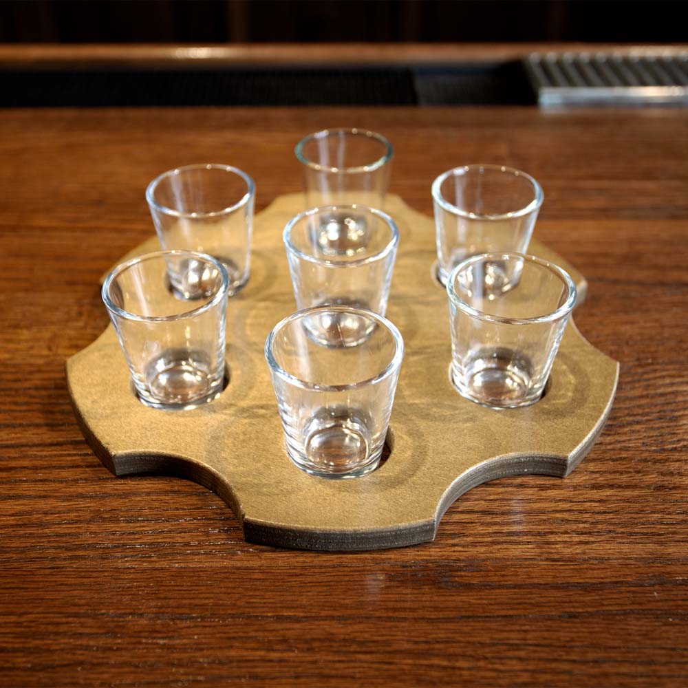 6-Shooter Wood Shot Glass Caddy Tray and Bottle Topper - Black or Stained