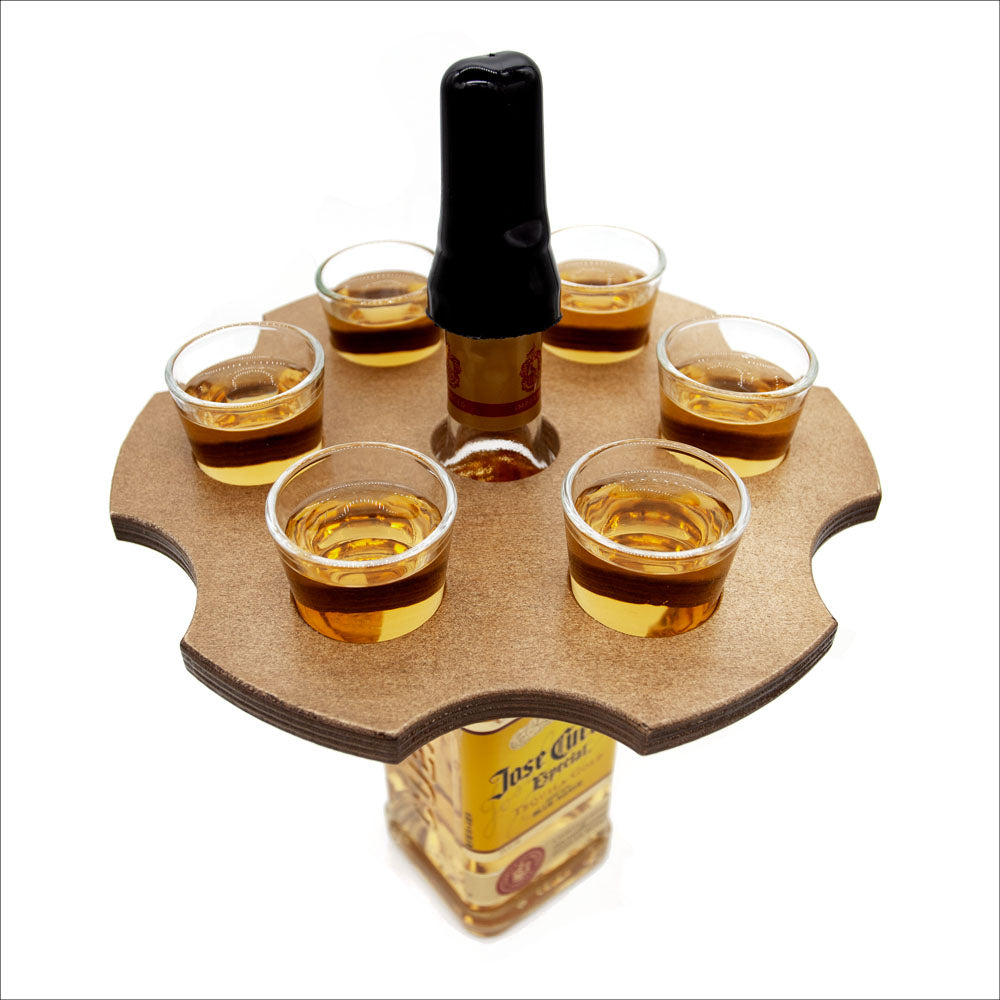 6-Shooter Wood Shot Glass Caddy Tray and Bottle Topper - Black or Stained