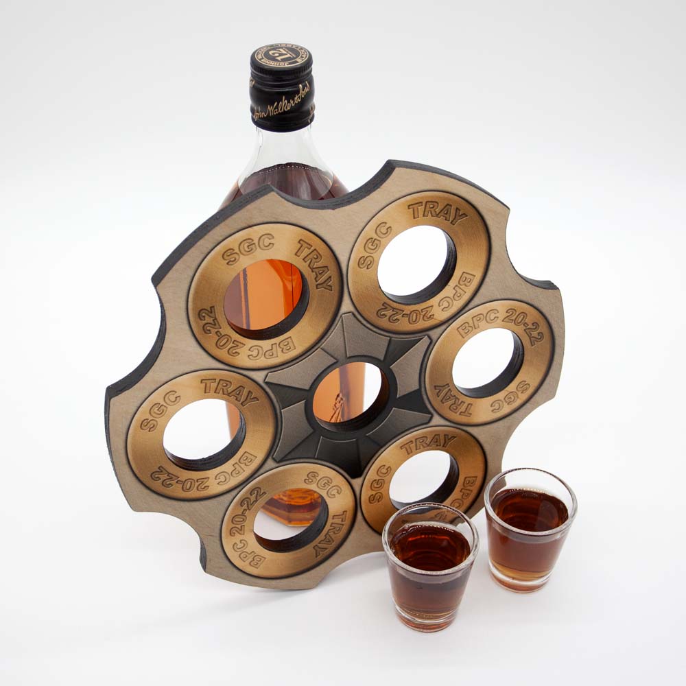 6-Shooter Wood Shot Glass Caddy Tray and Bottle Topper - 