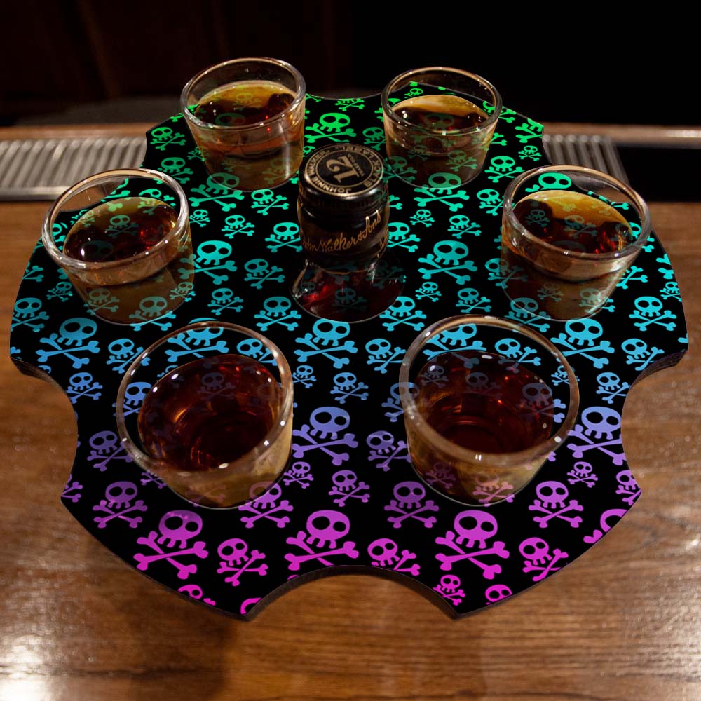 6-Shooter Wood Shot Glass Caddy Tray and Bottle Topper - 