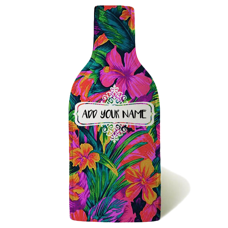 ADD YOUR NAME - Wine Bottle Cooler with Strap - Bright Tropical Floral