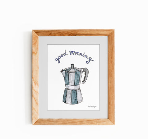 watercolor illustration of a stovetop espresso maker in a wood frame