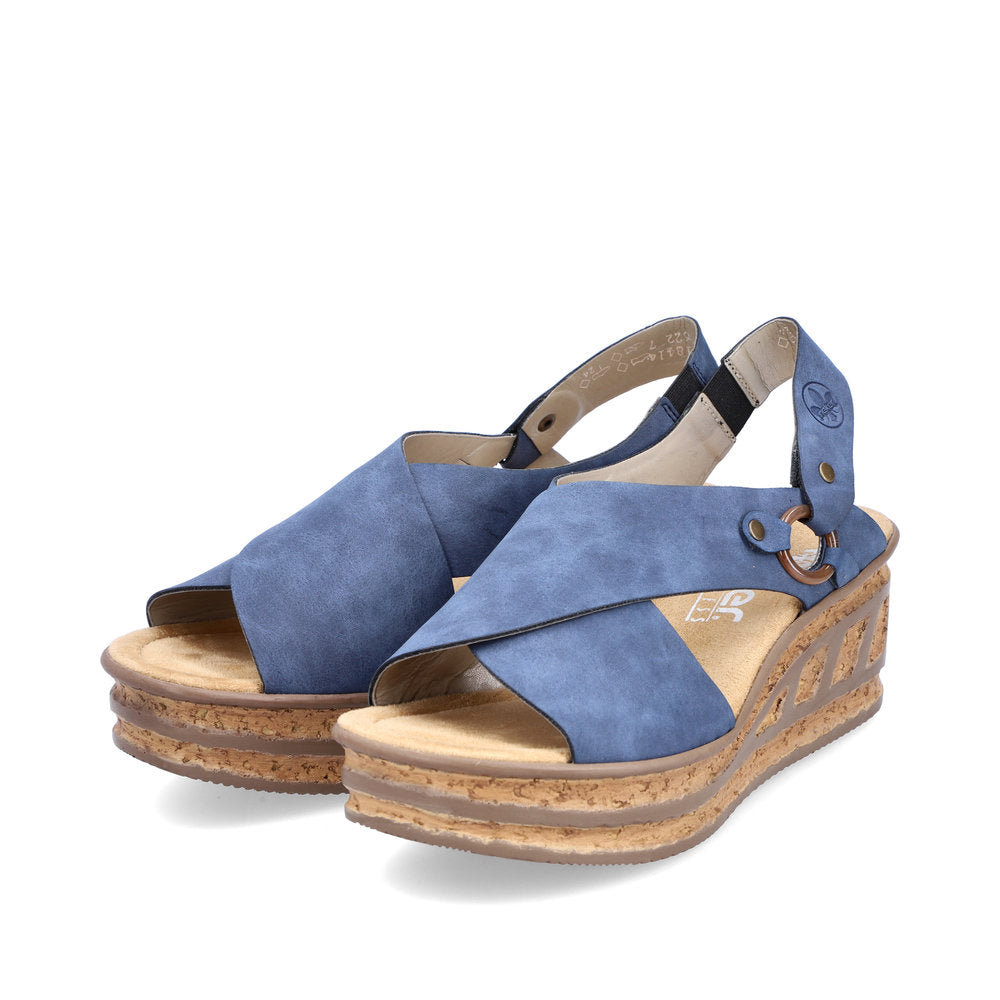 Suradam bælte skyskraber Rieker 68184 denim blue cork effect wedge heel sandals with sling back –  Arnouts Shoes