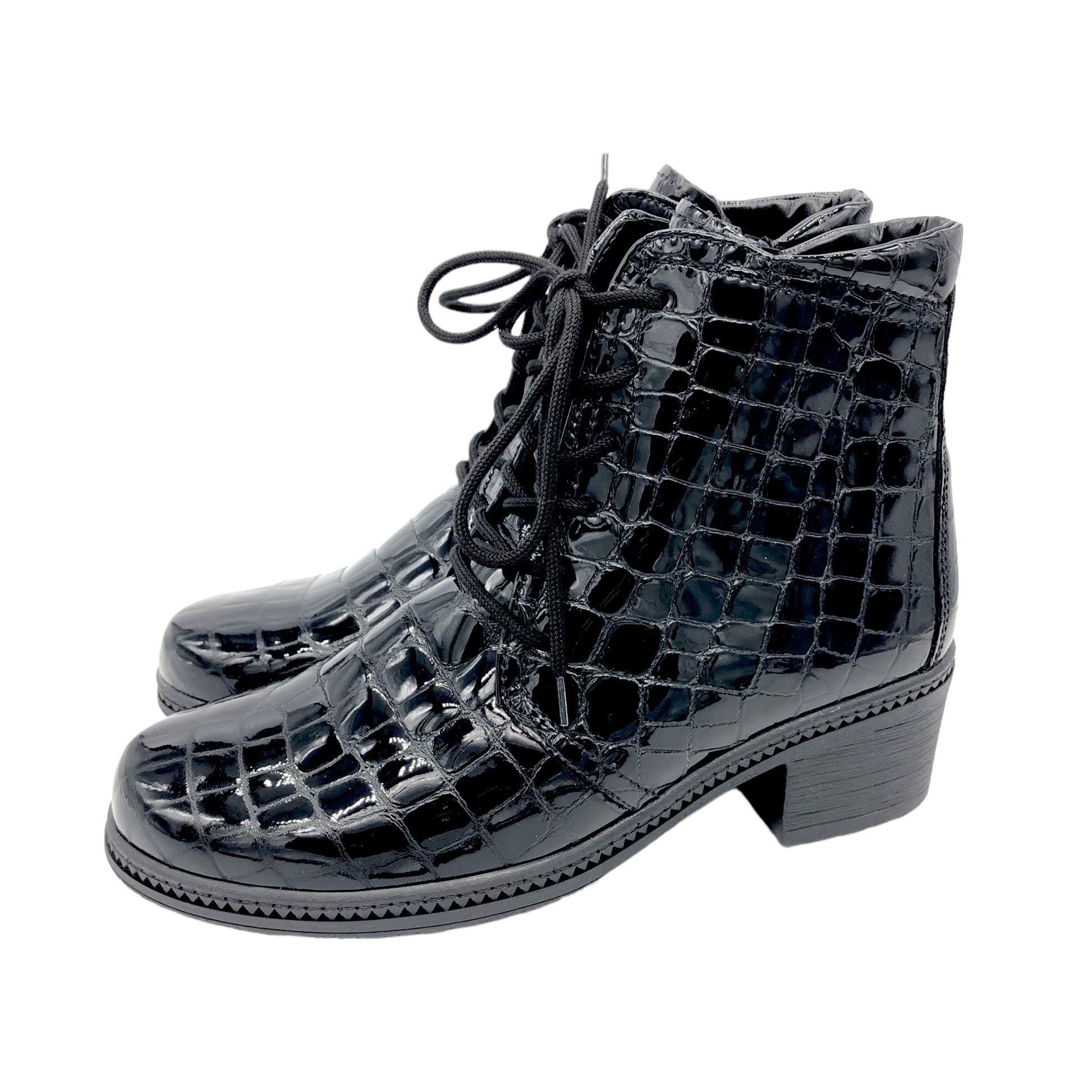 Gabor black patent croc effect boots block heel and laces – Arnouts Shoes