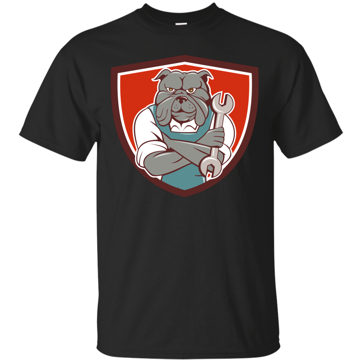 Bulldog Mechanic Arms Crossed Spanner Crest Cartoon T Shirt