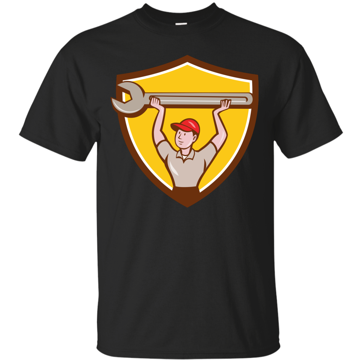 Mechanic Lifting Giant Wrench Crest Cartoon T-shirt