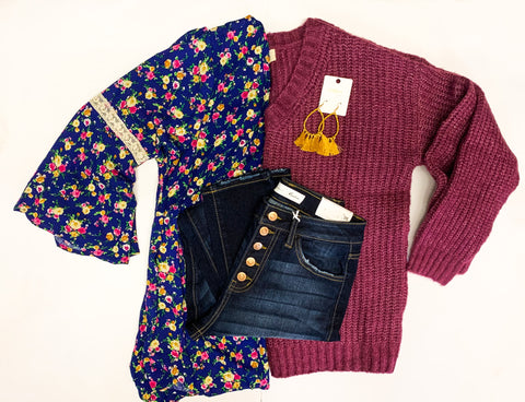 boho shirt purple sweater cozy sweater kancan jeans high rise jeans fall outfit winter outfit