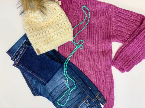 Kancan Jeans Skinny Jeans Button Fly Beanie Fur Beanie Crochet Beanie Handmade Turquoise Beaded Necklace Purple Sweater Fall Photo Outfit