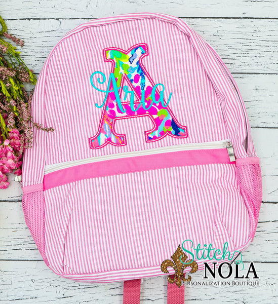 Personalized Seersucker Backpack with Floral Llama Alpha Applique