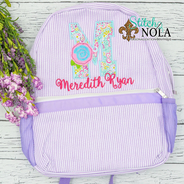 Personalized Seersucker Backpack with Floral Llama Alpha Applique