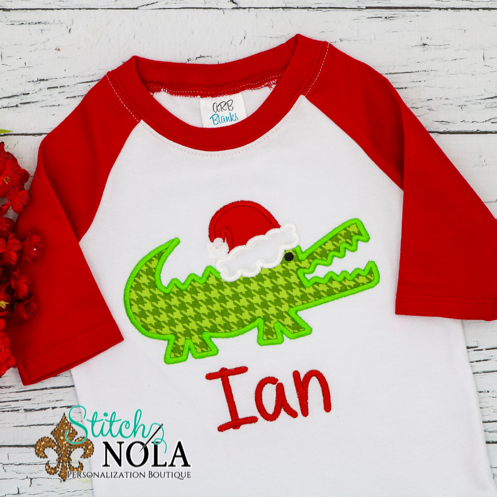 Personalized Christmas Alligator with Santa Hat Applique Shirt