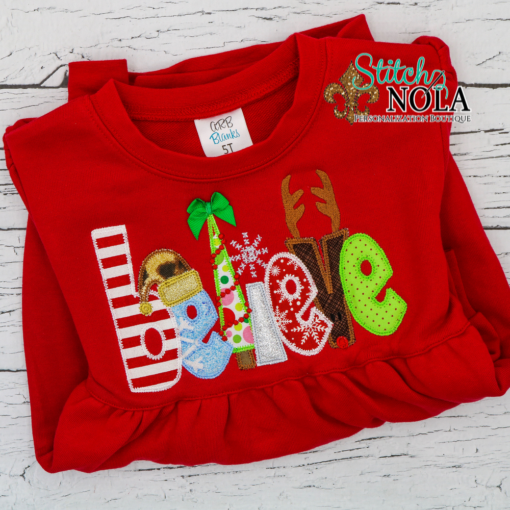Personalized Christmas Believe Appliqué on Colored Garment