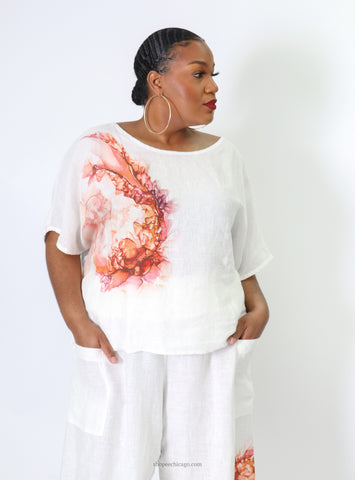 Luukaa White Linen Top with watercolor graphic