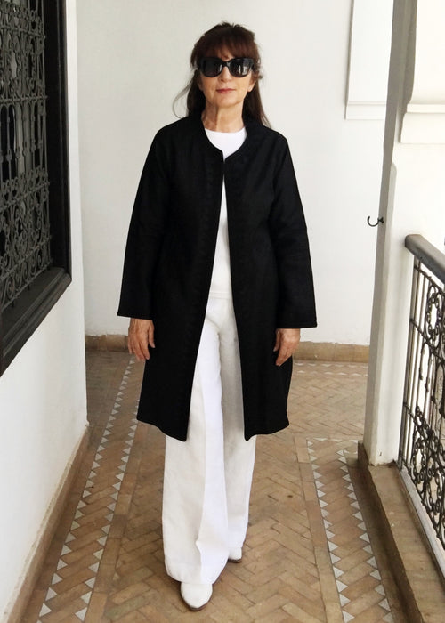 Caftan Coat, Long Embroidered Black Linen – Atelier M Marrakech