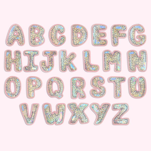 TrendyChic 26 Pieces Self Adhesive Chenille Letter Patches,Iron On Letters  A-Z Stoney Clover Patches,Varsity Embroidered Gold Glitter Border Alphabet  Patches for Clothing DIY Craft (White, 2.56 Inch)