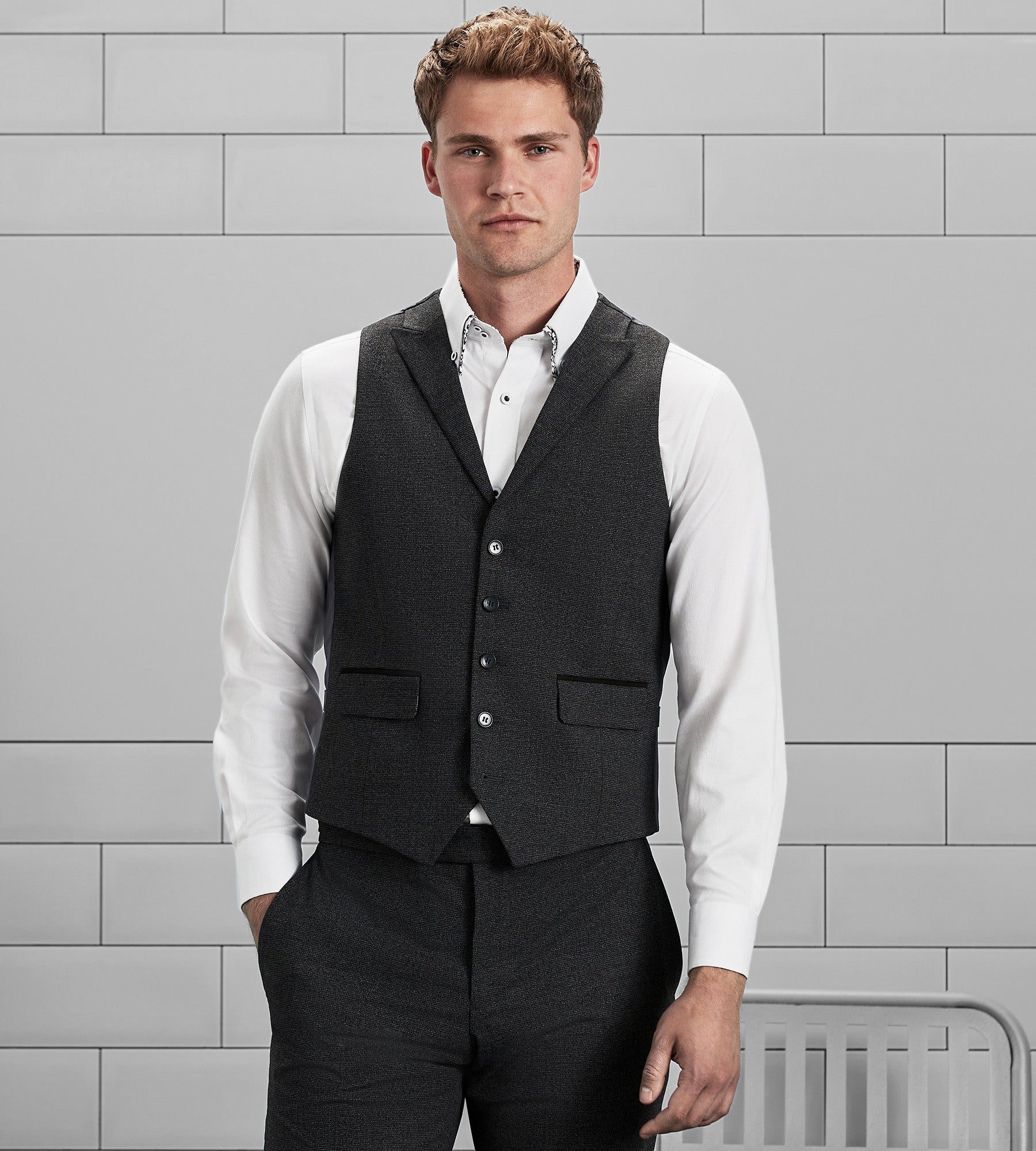 Slim Fit Check Peak Lapel Suit Separate Vest