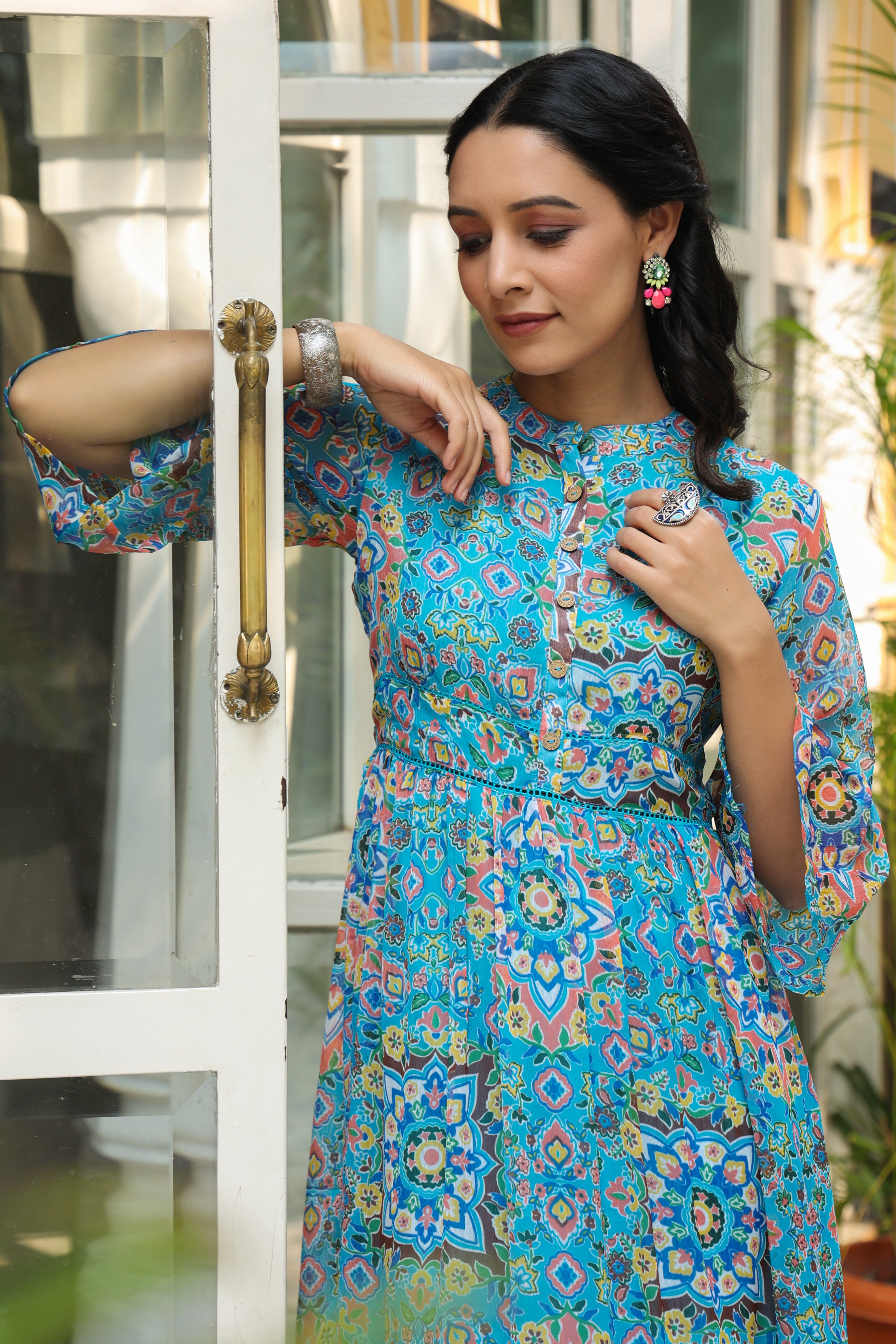 Aqua Blue Geometric Printed Chiffon Tiered Maxi Dress With Buttons (D1588)